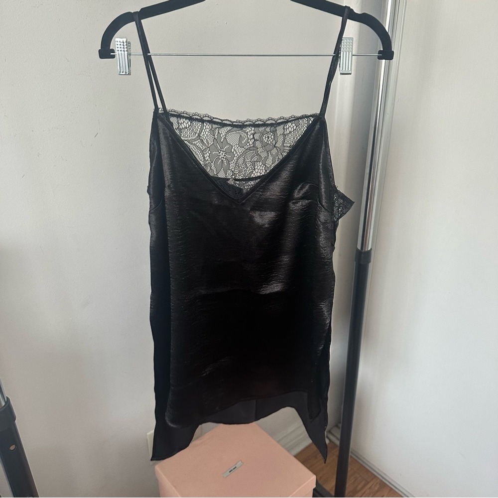BCBGeneration Black Satin Top with Lace Detail
